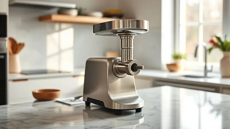 A wide, cinematic shot of a modern, tidy kitchen counter made of marble. A clean, assembled stainless steel meat grinder sits