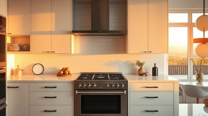A wide, cinematic shot of a stunningly beautiful and organized modern kitchen at golden hour. A pristine 5-burner stove is th