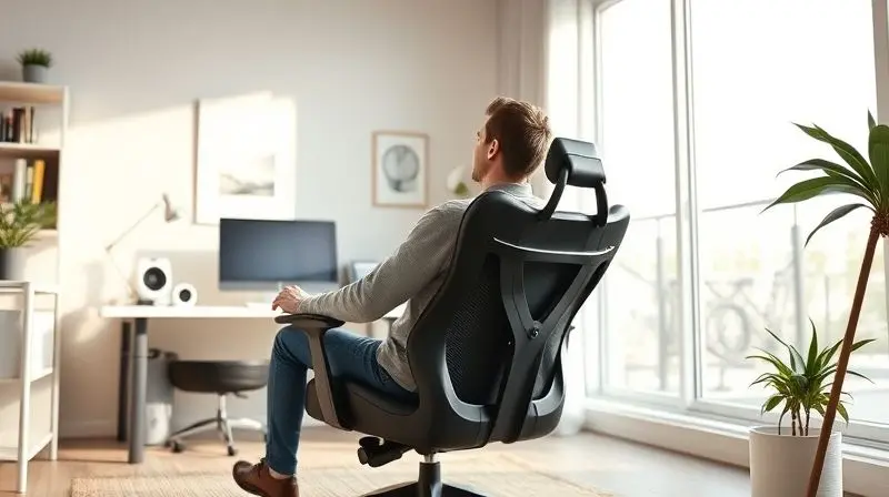 A wide, photorealistic shot of a bright and modern home office where a person is working comfortably in a high-end ergonomic 