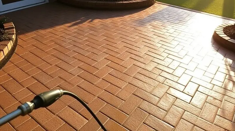 Pátio de tijolos limpo e brilhando ao sol após a limpeza com lavadora de alta pressão, transmitindo satisfação.