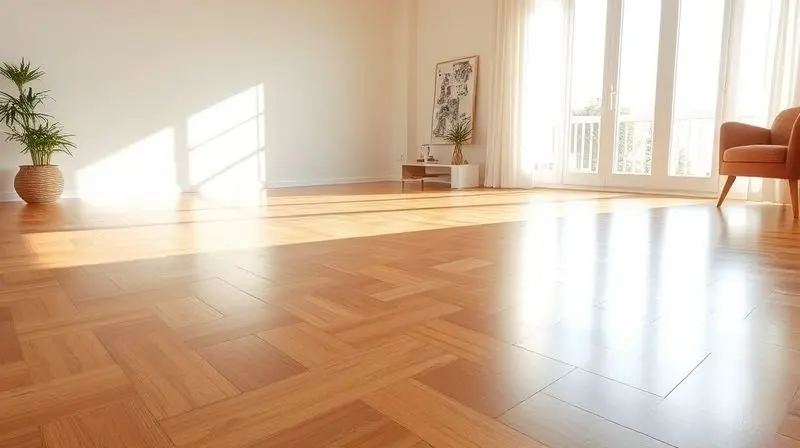Sala de estar impecavelmente limpa, com o piso de madeira brilhando sob a luz do sol que entra pela janela.