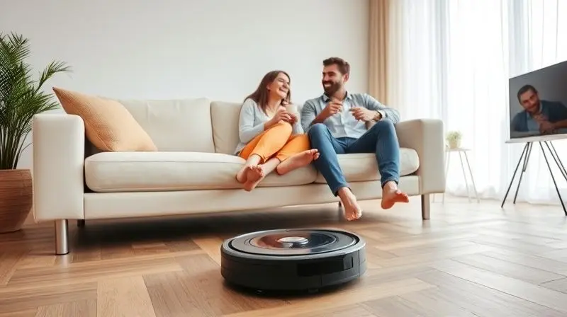 Casal relaxa com os pés para cima no sofá de uma sala impecavelmente limpa, enquanto um robô aspirador finaliza a limpeza discretamente.
