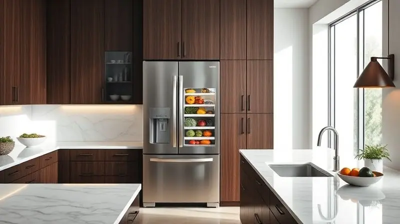 Geladeira side by side de aço inox em uma cozinha moderna e bem iluminada, com uma das portas aberta mostrando alimentos frescos.