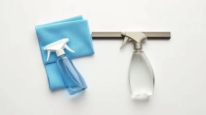 Foto de cima mostrando os acessórios ideais para limpeza: um pano de microfibra azul dobrado, um rodo de metal e um borrifador sobre uma superfície neutra.