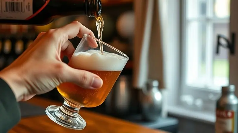 Mãos de uma pessoa inclinando um copo para servir cerveja de uma garrafa, criando a espuma ideal no colarinho.
