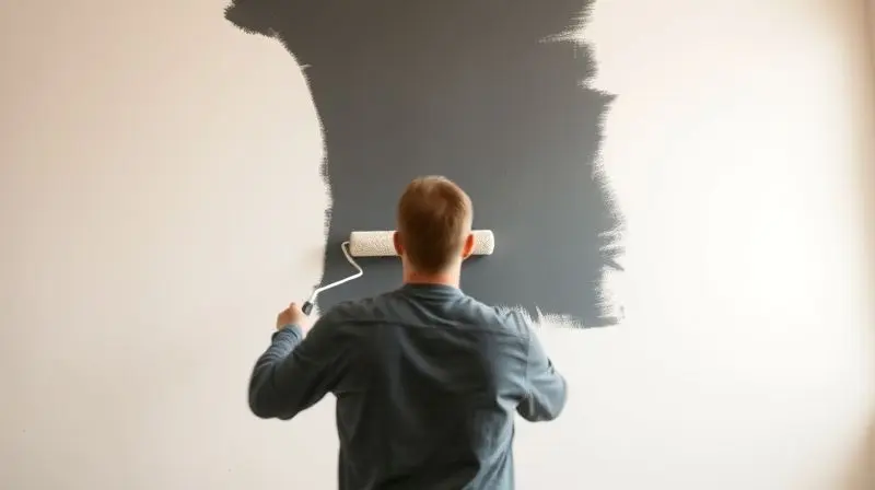Demonstração da técnica de pintura em W, com o rastro do rolo formando a letra na parede.