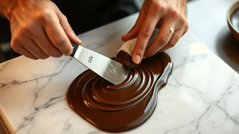 Action shot of a chocolatier's hands skillfully tempering melted dark chocolate on a cool marble slab using a scraper, the li