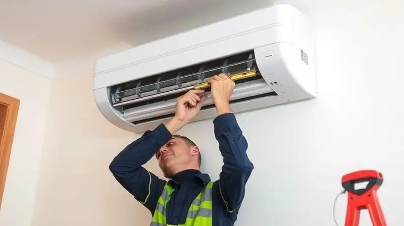 Técnico profissional realizando a instalação correta de uma unidade de ar-condicionado split na parede de uma sala.