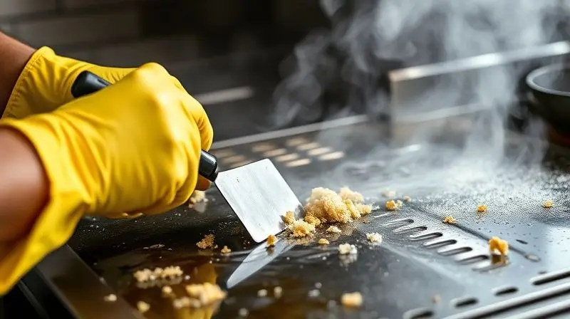 Mãos com luvas de proteção amarelas usando uma espátula para raspar e limpar uma chapa de lanche ainda quente, com vapor subindo.