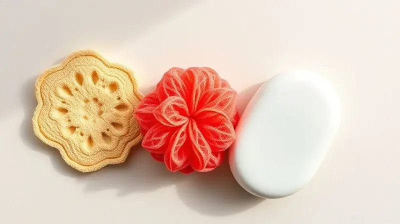 Visão de cima de vários tipos de esponjas de banho, incluindo bucha vegetal e de nylon, organizadas em uma superfície neutra.