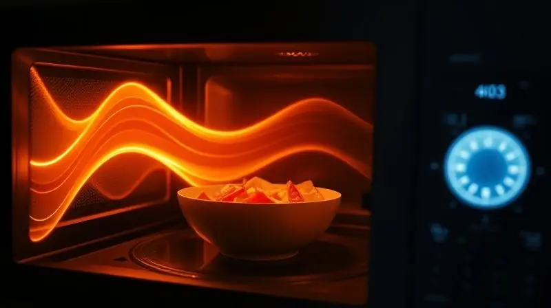 Representação abstrata de ondas de energia brilhantes aquecendo alimentos dentro de um micro-ondas, explicando seu funcionamento.