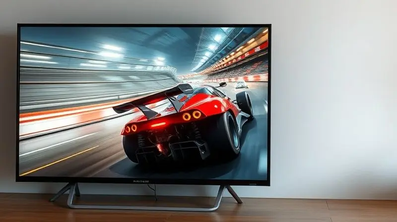 An action-packed photorealistic shot of a high-speed racing video game on a TV screen, using subtle motion blur on the backgr