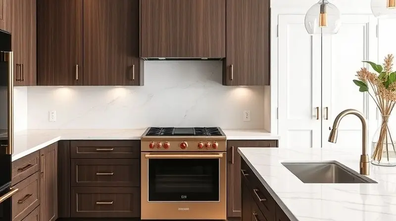 Forno elétrico de bancada com design elegante e detalhes em cobre, harmonizando com uma cozinha minimalista de mármore e madeira escura.
