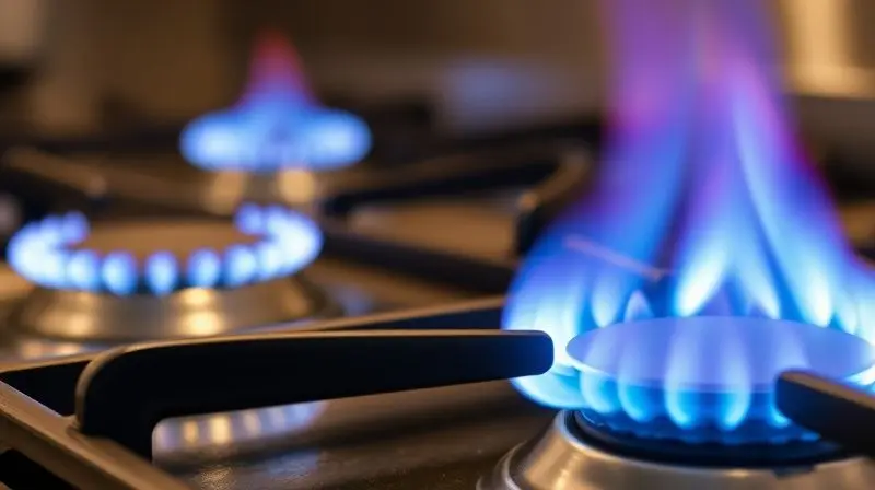 An artistic macro shot focusing on the different burners of a 5-burner stove. In the foreground, a powerful triple-flame burn