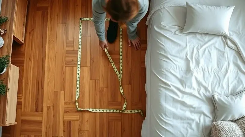 An artistic, top-down shot of a person using a measuring tape on a hardwood floor to mark the dimensions for a new bed in a c