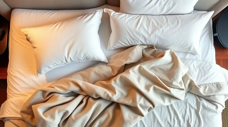 An elegant and serene flat lay composition on a luxurious bed, featuring high-quality sleep accessories like a plush ergonomi