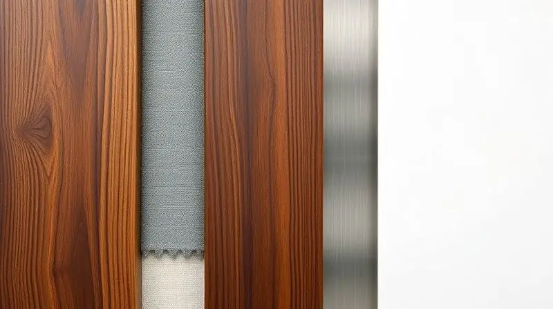 Amostras de materiais para sapateiras, incluindo madeira, metal, tecido e plástico, dispostas para comparação de textura e durabilidade.