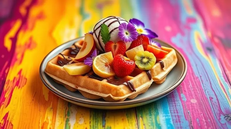 Waffle criativamente decorado com frutas coloridas, calda de chocolate, sorvete e flores comestíveis em um prato.