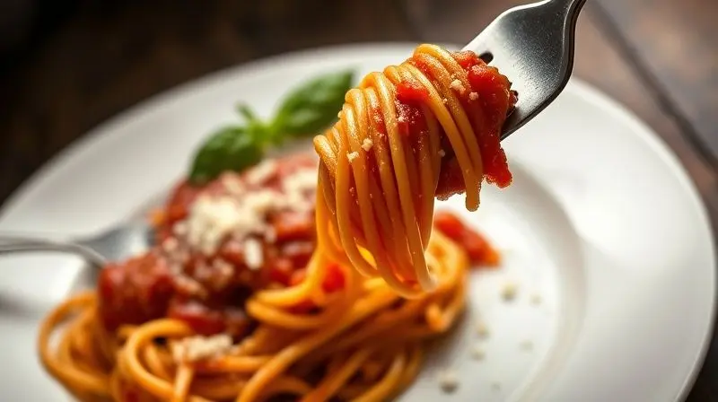 An inviting, macro shot of a fork twirling spaghetti coated in a rich, vibrant red tomato sauce from a white porcelain plate,
