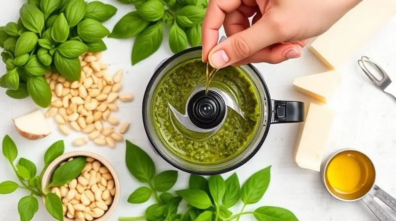 Ingredientes para molho pesto dispostos ao redor de um mini processador, com uma mão adicionando azeite.
