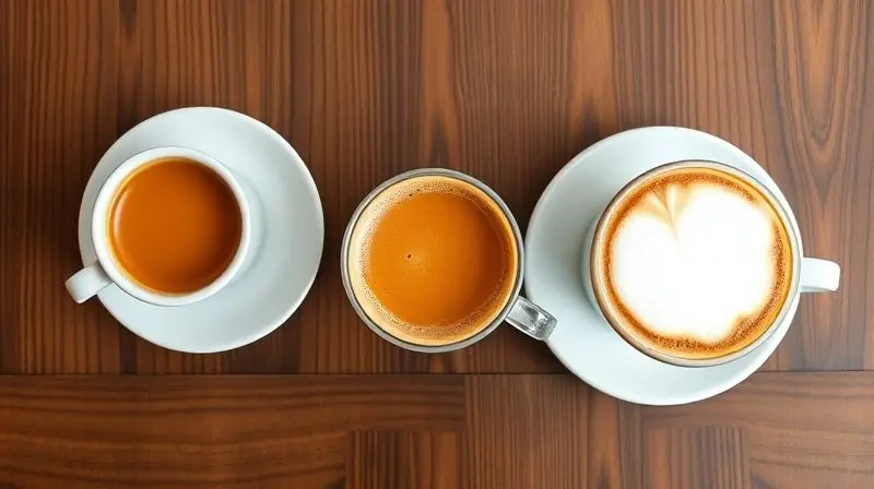 Três xícaras de café diferentes, um expresso, um latte e um capuccino, lado a lado em uma mesa, simbolizando a escolha entre marcas.