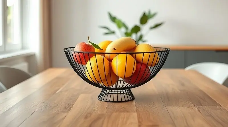 Fruteira de design minimalista como peça central em uma mesa de jantar moderna, mostrando a combinação com a decoração do ambiente.
