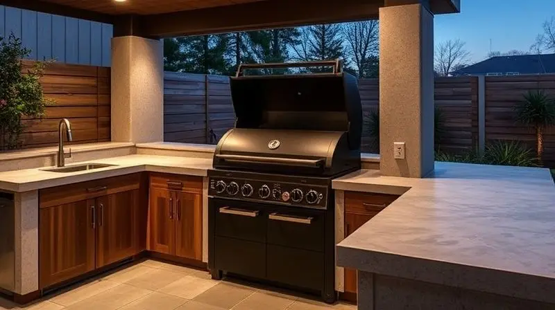 Churrasqueira a carvão com design moderno e minimalista, embutida em uma bancada de cozinha gourmet externa.