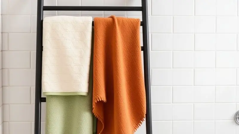 Artfully arranged towels in a palette of complementary colors (e.g., sage green, terracotta, and cream) hanging on a modern b