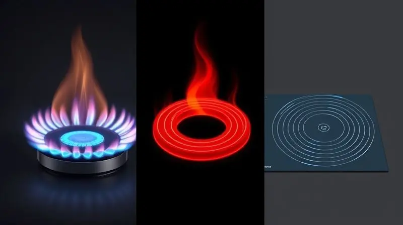 Artistic and conceptual image showing three types of cooking energy side-by-side: a clean blue gas flame, a glowing red hot e