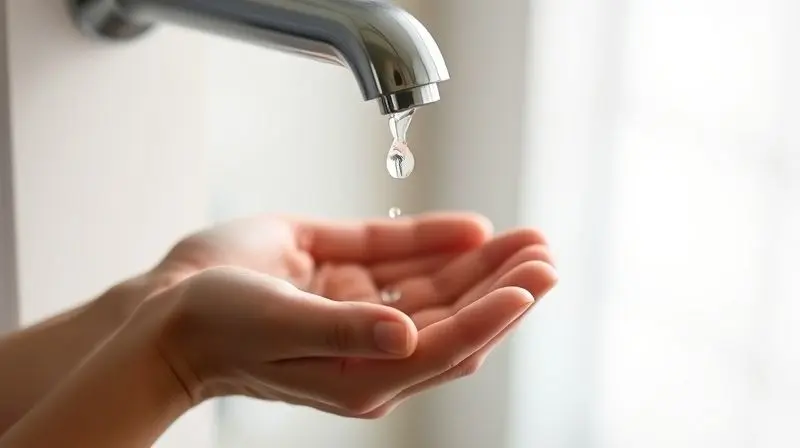 Mão em concha recebendo uma única gota d'água que cai de uma ducha higiênica, simbolizando o uso sustentável e a economia de água.