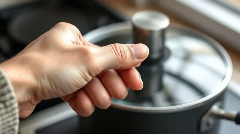 Mão segurando com firmeza o cabo ergonômico e moderno de uma panela antiaderente, com foco no design e conforto do utensílio de cozinha.