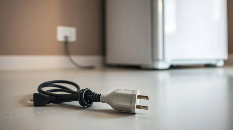 Artistic, conceptual photo focusing on an unplugged refrigerator power cord lying on a clean floor next to a wall outlet. The