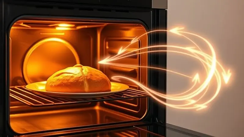 Artistic cutaway view of a built-in oven showing a golden-brown pastry inside. Stylized, glowing ethereal arrows elegantly sw