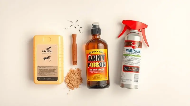 Artistic flat lay composition of various ant poison types on a clean, neutral background, showcasing a bait station, a liquid