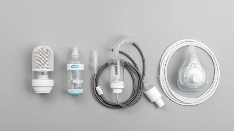 Artistic flat lay of various nebulizer technologies side-by-side on a neutral gray background: a mesh nebulizer, an ultrasoni