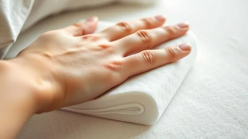 Artistic macro photograph showing a close-up of a hand gently pressing into high-density memory foam, showcasing the material