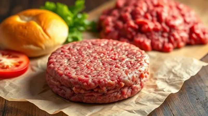 Artistic, mouth-watering photograph of a perfectly formed, thick, raw hamburger patty made from freshly ground meat, sitting 