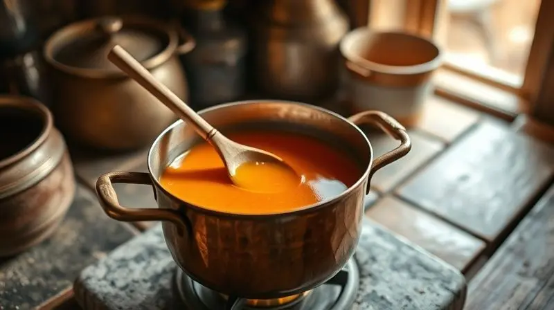 Artistic photo of a traditional copper pot over a low flame in a rustic kitchen, with a wooden spoon stirring a simmering, am