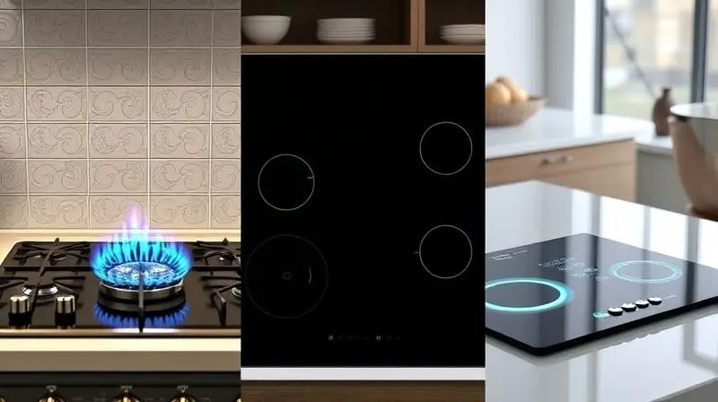 Artistic photorealistic composite image displaying three types of cooktops side-by-side in a modern kitchen setting: a gas st