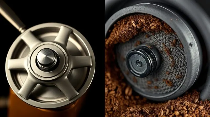 Artistic split-screen macro photograph, on the left a detailed close-up of a blade coffee grinder's sharp spinning blades, on
