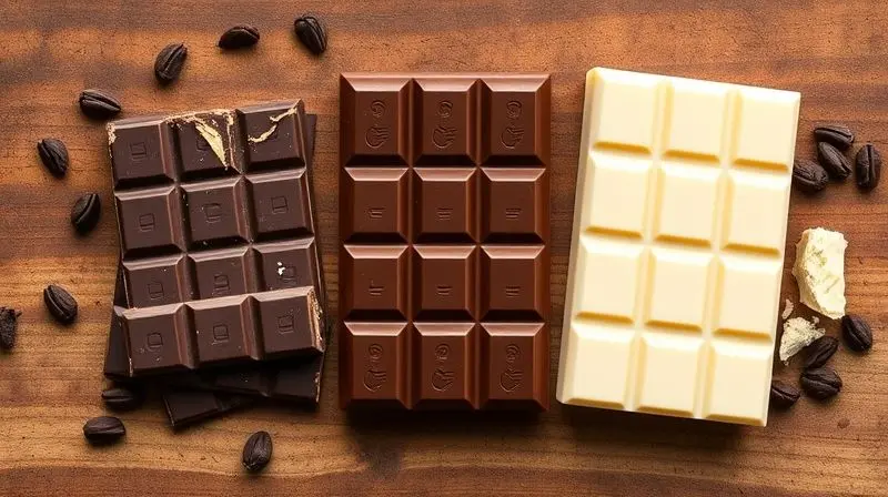 Artistic top-down flat lay of three distinct types of chocolate bars side-by-side: dark chocolate, milk chocolate, and white 