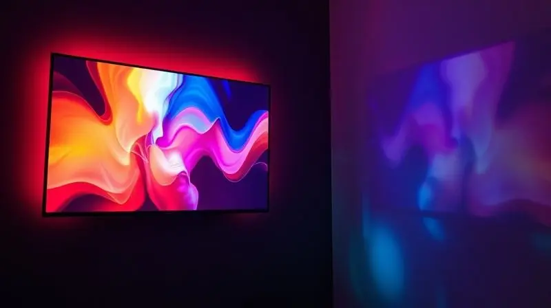 TV em parede escura projetando luzes coloridas ao redor, que combinam com a imagem na tela, criando um efeito de imersão visual.