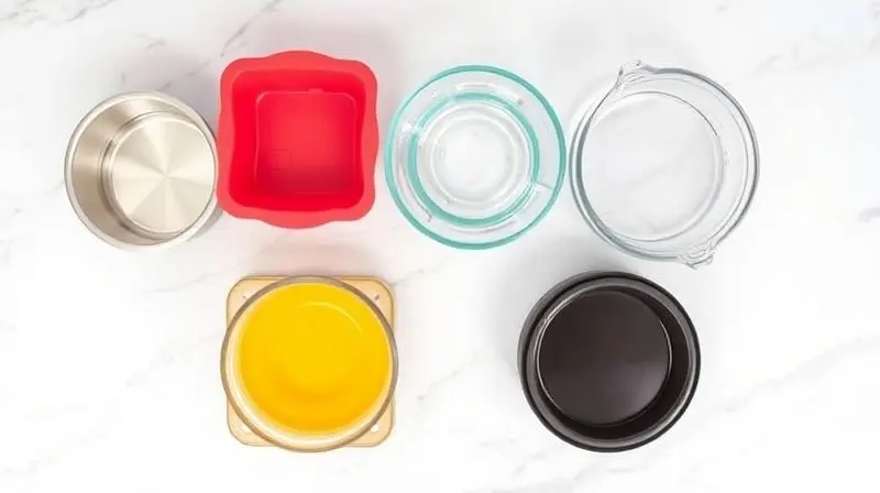 Vista de cima de várias formas de pudim de materiais distintos, como alumínio, silicone e vidro, organizadas sobre uma bancada de mármore.