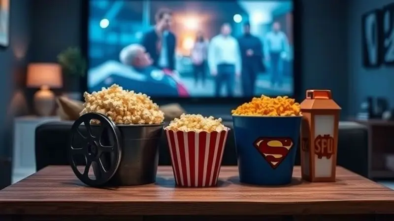 Vários baldes de pipoca temáticos em uma mesa de centro com uma TV exibindo um filme ao fundo, criando um ambiente de cinema em casa.