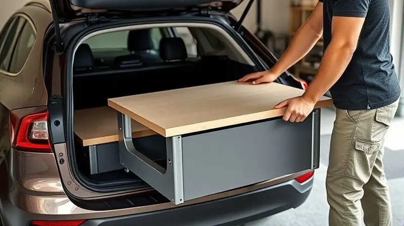 Pessoa dobrando facilmente uma bancada multifuncional portátil para guardá-la, destacando a portabilidade e facilidade de armazenamento.