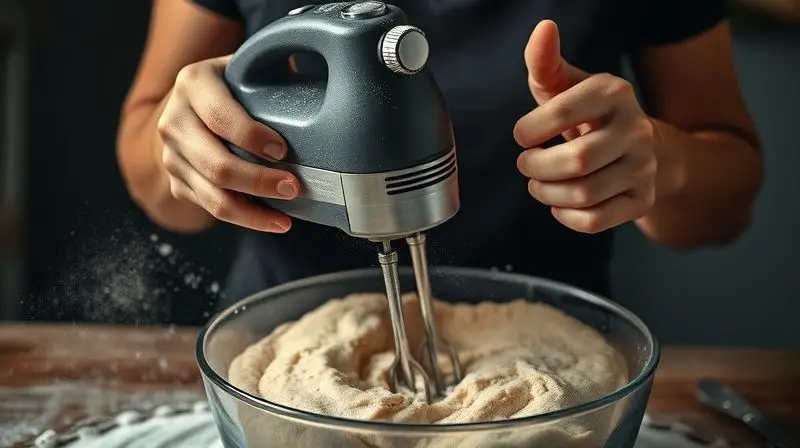 Pessoa com dificuldade ao tentar misturar uma massa de pão pesada e grossa usando uma batedeira de mão, que parece estar no seu limite.