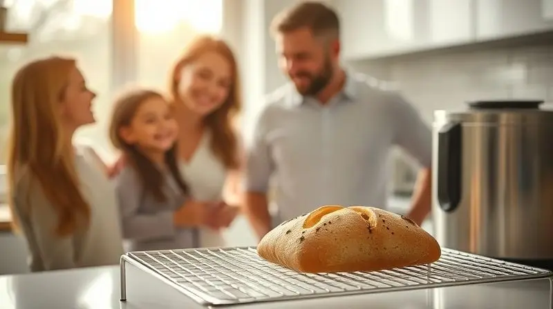 Uma família sorridente em uma cozinha iluminada, admirando um pão quente que acabou de sair da panificadora na bancada.