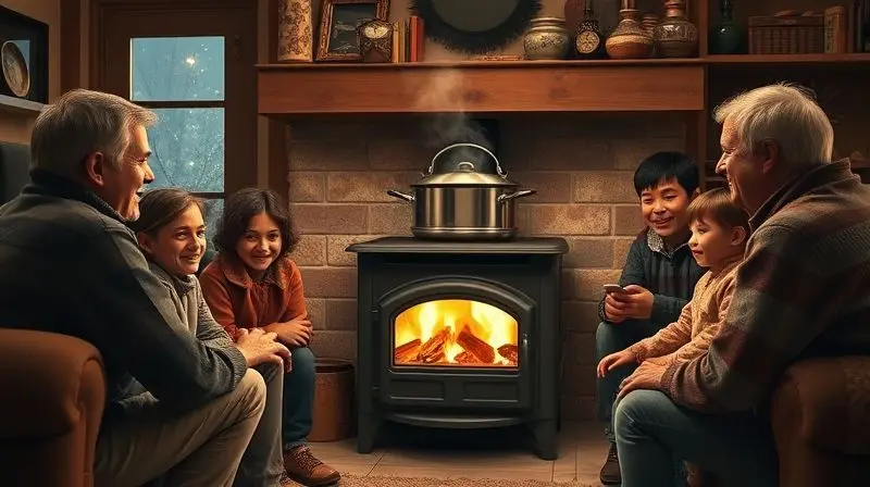 Família reunida e aquecida em frente a um fogão a lenha aceso em uma sala de estar, com uma panela sobre a chapa.
