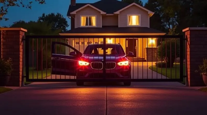 Família dentro do carro na garagem à noite, com o portão eletrônico se fechando, transmitindo uma sensação de segurança e conforto.