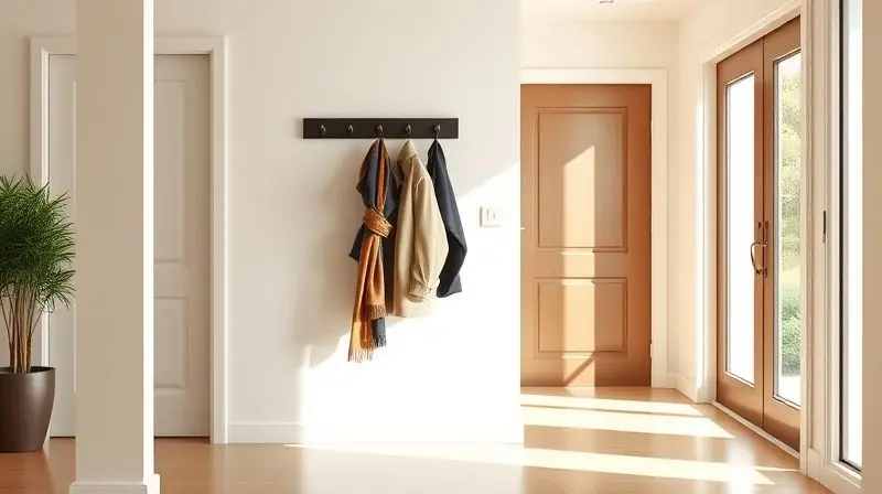 Hall de entrada organizado com um cabideiro de parede moderno, demonstrando os benefícios de ter um cabideiro em casa para manter a ordem.